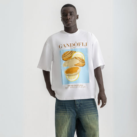 Oversized white t-shirt with bold Gandofli illustration, 100% cotton.