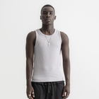 Men’s grey ribbed tank top, front view showcasing fitted silhouette and minimal design