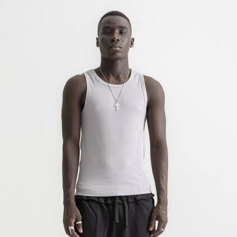 Men’s grey ribbed tank top, front view showcasing fitted silhouette and minimal design
