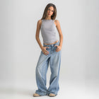 grey ribbed basic tank top for women, front view showcasing fitted silhouette and minimal design.