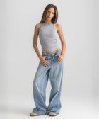 grey ribbed basic tank top for women, front view showcasing fitted silhouette and minimal design.