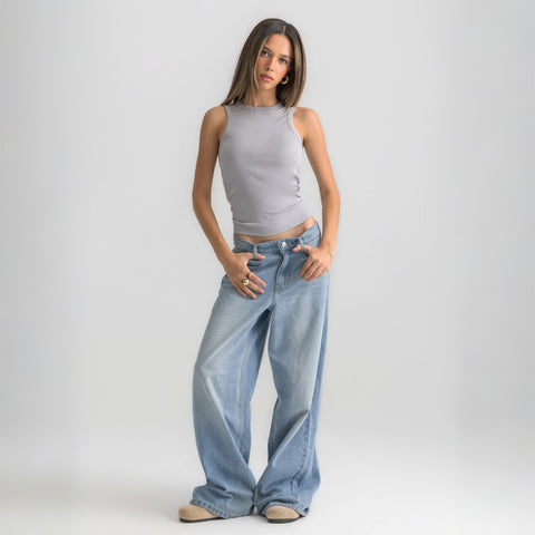 grey ribbed basic tank top for women, front view showcasing fitted silhouette and minimal design.