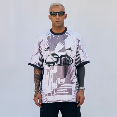 Horoob / escapisom Jersey from Cairo (Un)Censored – unisex oversized fit with embroidered details white, grey and black design by BTX x Malak Ghoneim