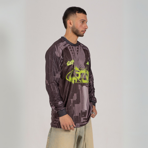 Horoob / escapism long sleeve Jersey from Cairo (Un)Censored – unisex oversized fit with embroidered details green, grey and black design by BTX x Malak Ghoneim