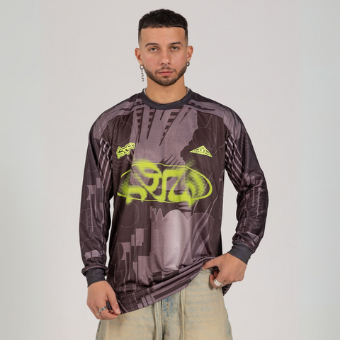 Horoob / escapisom long sleeve Jersey from Cairo (Un)Censored – unisex oversized fit with embroidered details green, grey and black design by BTX x Malak Ghoneim