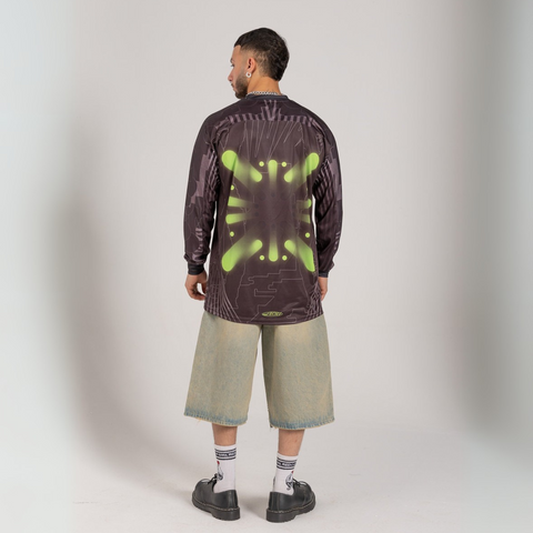 Horoob / escapism long sleeve Jersey from Cairo (Un)Censored – unisex oversized fit with embroidered details green, grey and black design by BTX x Malak Ghoneim