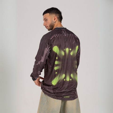 Horoob / escapisom long sleeve Jersey from Cairo (Un)Censored – unisex oversized fit with embroidered details green, grey and black design by BTX x Malak Ghoneim