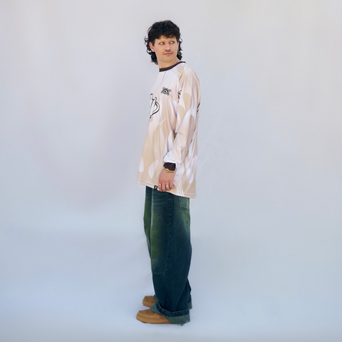 horreya / freedom long sleeve Jersey from Cairo (Un)Censored – unisex oversized fit with vinyl detailing and embroidered details beige, white and brown design by BTX x Malak Ghoneim