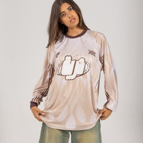 horreya / freedom long sleeve Jersey from Cairo (Un)Censored – unisex oversized fit with vinyl detailing and embroidered details beige, white and brown design by BTX x Malak Ghoneim