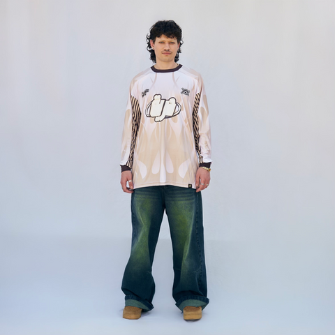 horreya / freedom long sleeve Jersey from Cairo (Un)Censored – unisex oversized fit with vinyl detailing and embroidered details beige, white and brown design by BTX x Malak Ghoneim