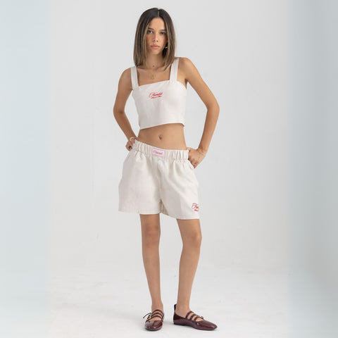 Unisex boxer-style shorts made from 100% breathable thick cotton. Featuring classic sailor stripes in ocean blue and white, rosé pink and white, or sand beige and white. Relaxed, slouchy fit with elastic waistband and adjustable drawstring for a comfortable, effortless look. Available in multiple colors.