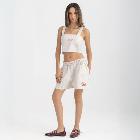 Striped Sand Beige and White cropped cotton top with burgundy ‘Humble’ embroidery on front.