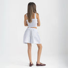 Striped Ocean Blue and White cropped cotton top with burgundy ‘Humble’ embroidery on front.