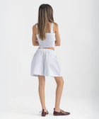 Striped Ocean Blue and White cropped cotton top with burgundy ‘Humble’ embroidery on front.