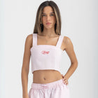Striped Rose Pink and White cropped cotton top with burgundy ‘Humble’ embroidery on front.