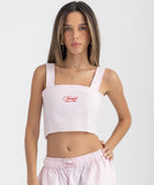 Striped Rose Pink and White cropped cotton top with burgundy ‘Humble’ embroidery on front.