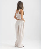Striped Sand Beige and White cropped cotton top with burgundy ‘Humble’ embroidery on front.