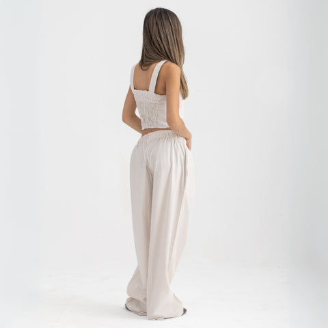 Striped Sand Beige and White cropped cotton top with burgundy ‘Humble’ embroidery on front.