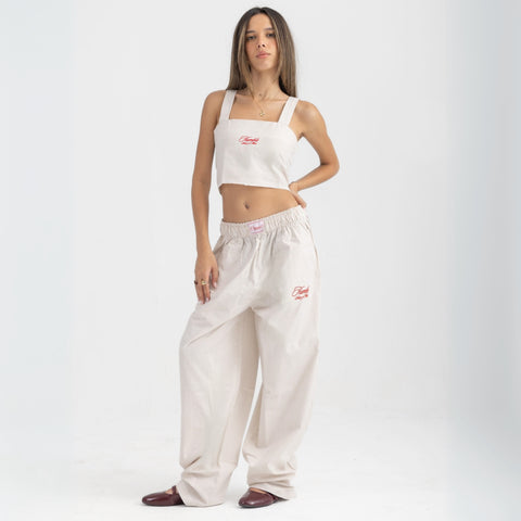 Striped Sand Beige and White cropped cotton top with burgundy ‘Humble’ embroidery on front.