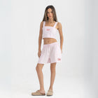 Striped Rose Pink and White cropped cotton top with burgundy ‘Humble’ embroidery on front.