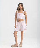 Striped Rose Pink and White cropped cotton top with burgundy ‘Humble’ embroidery on front.