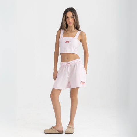 Striped Rose Pink and White cropped cotton top with burgundy ‘Humble’ embroidery on front.