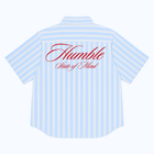 Unisex button-up shirt with a boxy fit and midi crop. Features bold, chunky sailor stripes in ocean blue and white. Embroidered "Humble State of Mind" logo in burgundy red on the back and "Originals" on the front. Made from 100% breathable thick cotton.
