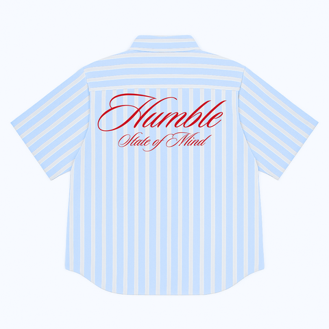 Unisex button-up shirt with a boxy fit and midi crop. Features bold, chunky sailor stripes in ocean blue and white. Embroidered "Humble State of Mind" logo in burgundy red on the back and "Originals" on the front. Made from 100% breathable thick cotton.