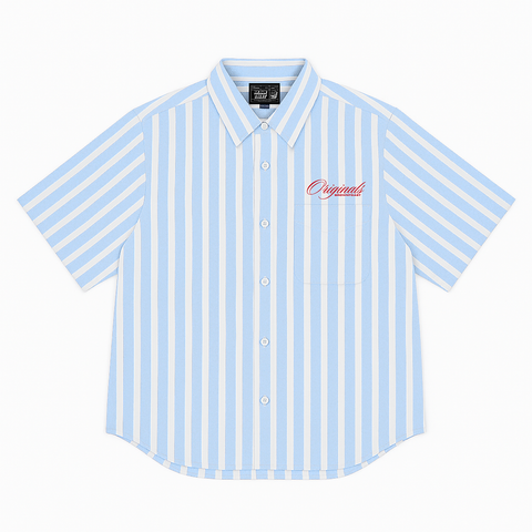 Unisex button-up shirt with a boxy fit and midi crop. Features bold, chunky sailor stripes in ocean blue and white. Embroidered "Humble State of Mind" logo in burgundy red on the back and "Originals" on the front. Made from 100% breathable thick cotton.