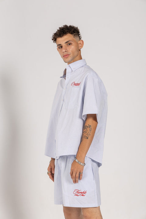 Unisex boxer-style shorts made from 100% breathable thick cotton. Featuring classic sailor stripes in ocean blue and white, rosé pink and white, or sand beige and white. Relaxed, slouchy fit with elastic waistband and adjustable drawstring for a comfortable, effortless look. Available in multiple colors.