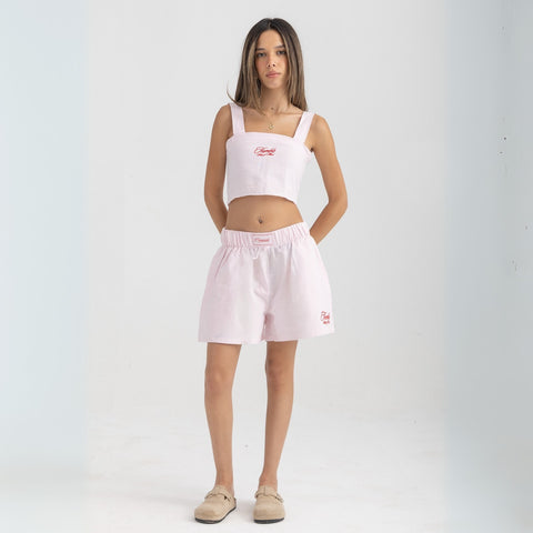 Unisex boxer-style shorts made from 100% breathable thick cotton. Featuring classic sailor stripes in ocean blue and white, rosé pink and white, or sand beige and white. Relaxed, slouchy fit with elastic waistband and adjustable drawstring for a comfortable, effortless look. Available in multiple colors.