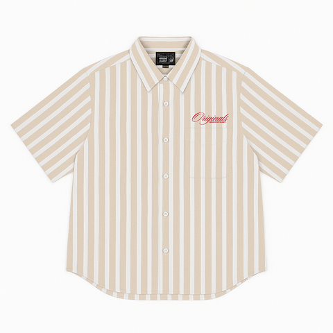 Unisex button-up shirt with a boxy fit and midi crop. Features bold, chunky sailor stripes in sand beige and white. Embroidered "Humble State of Mind" logo in burgundy red on the back and "Originals" on the front. Made from 100% breathable thick cotton.