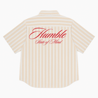 Unisex button-up shirt with a boxy fit and midi crop. Features bold, chunky sailor stripes in sand beige and white. Embroidered "Humble State of Mind" logo in burgundy red on the back and "Originals" on the front. Made from 100% breathable thick cotton.
