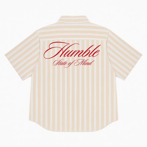 Unisex button-up shirt with a boxy fit and midi crop. Features bold, chunky sailor stripes in sand beige and white. Embroidered "Humble State of Mind" logo in burgundy red on the back and "Originals" on the front. Made from 100% breathable thick cotton.
