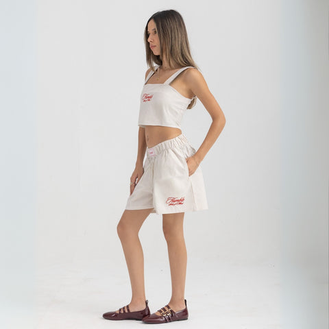Unisex boxer-style shorts made from 100% breathable thick cotton. Featuring classic sailor stripes in ocean blue and white, rosé pink and white, or sand beige and white. Relaxed, slouchy fit with elastic waistband and adjustable drawstring for a comfortable, effortless look. Available in multiple colors.