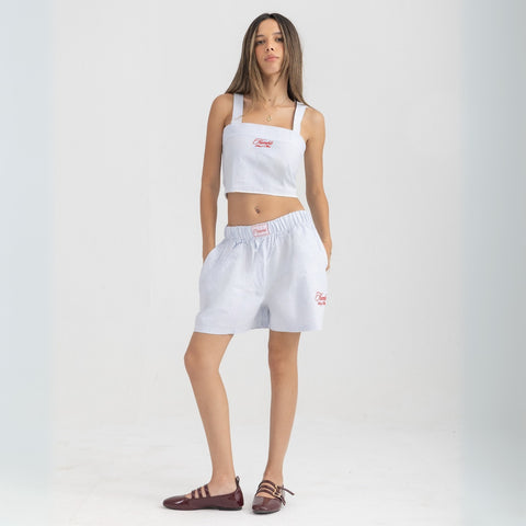 Unisex boxer-style shorts made from 100% breathable thick cotton. Featuring classic sailor stripes in ocean blue and white, rosé pink and white, or sand beige and white. Relaxed, slouchy fit with elastic waistband and adjustable drawstring for a comfortable, effortless look. Available in multiple colors.