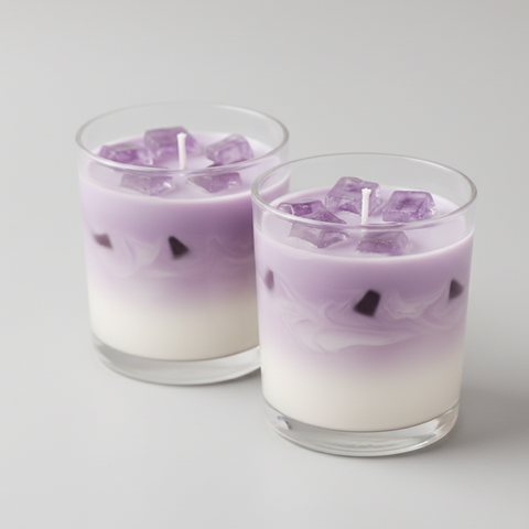 BROWNTOAST Lavender Latte Candle — realistic handcrafted lavender-scented candle made to look like an iced latte. Part of the Dopamine Decor lifestyle drop.