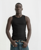 Men’s black ribbed tank top, front view showcasing fitted silhouette and minimal design