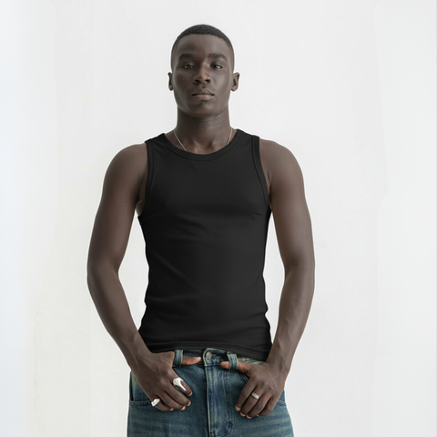 Men’s black ribbed tank top, front view showcasing fitted silhouette and minimal design