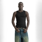 Men’s black ribbed tank top, front view showcasing fitted silhouette and minimal design