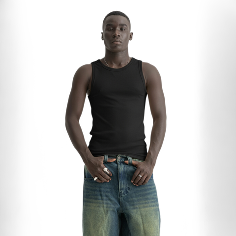 Men’s black ribbed tank top, front view showcasing fitted silhouette and minimal design