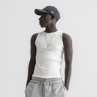 Men’s white ribbed tank top, front view showcasing fitted silhouette and minimal design