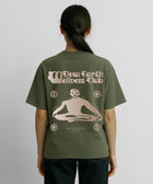 Boxy fit olive t-shirt with beige gradient print on the front and back.