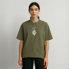 Boxy fit olive t-shirt with beige gradient print on the front and back.