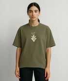 Boxy fit olive t-shirt with beige gradient print on the front and back.
