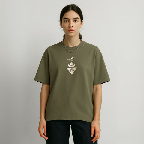 Boxy fit olive t-shirt with beige gradient print on the front and back.