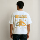 Boxy fit white cotton t-shirt with orange gradient print on the front and back.