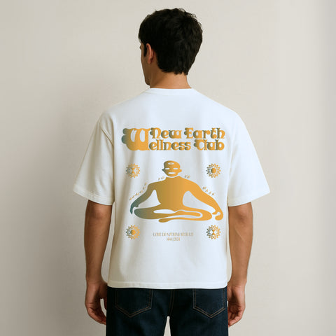 Boxy fit white cotton t-shirt with orange gradient print on the front and back.