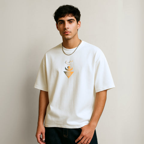 Boxy fit white cotton t-shirt with orange gradient print on the front and back.
