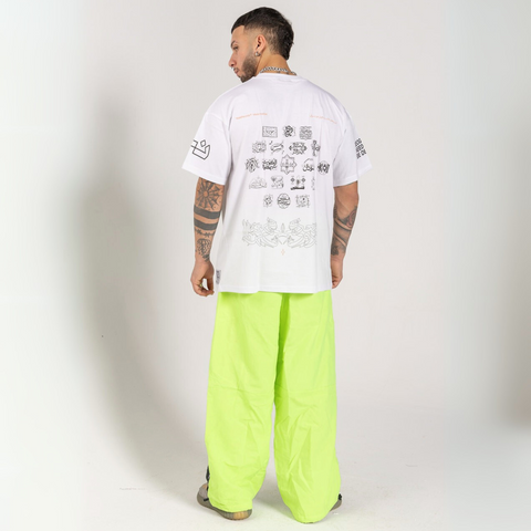 Unisex wide-fit waterproof pants in soft polyester with side stripe logo and adjustable waistband.